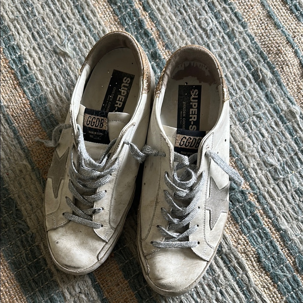 Golden Goose Distressed White and Gray Sneakers